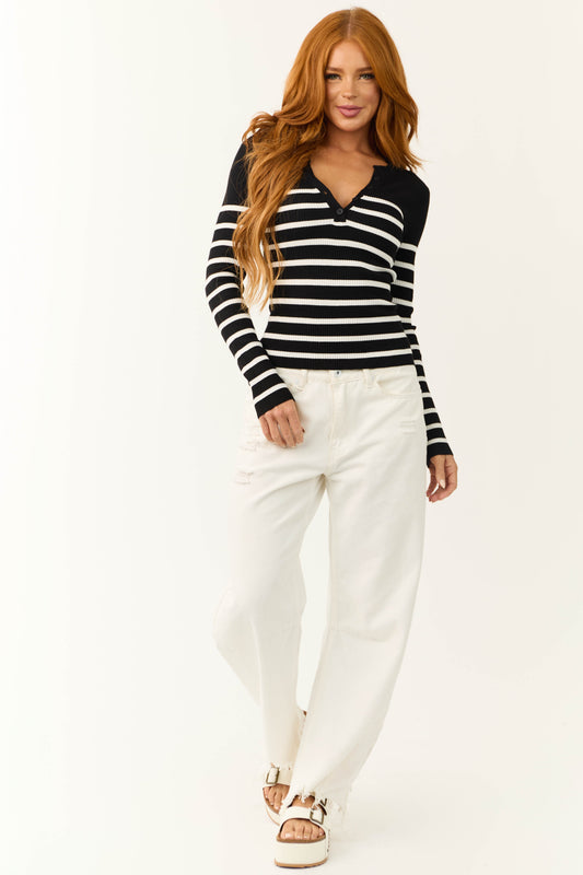 Black Striped Long Sleeve Ribbed Knit Top for Women