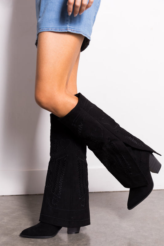 Black Suede Knee High Overlay Western Boots for Wome