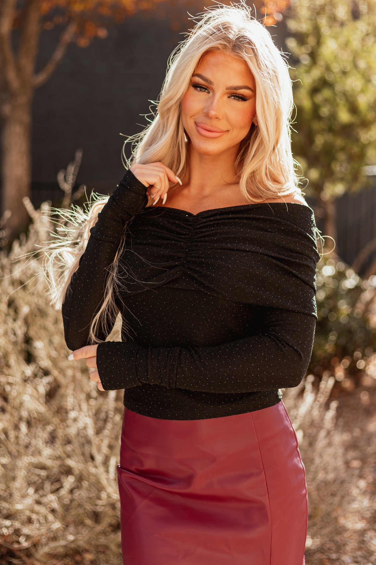 Black Studded Metallic Off Shoulder Top for Women