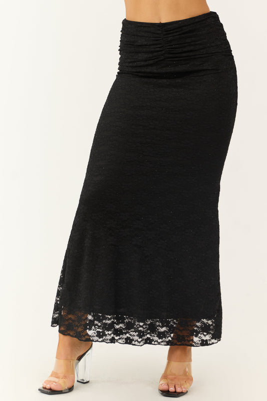 Black Studded Floral Lace Ruched Maxi Skirt for Women