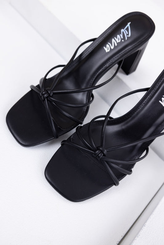 Black Strappy Knot Slip-On Dress Heels for Women
