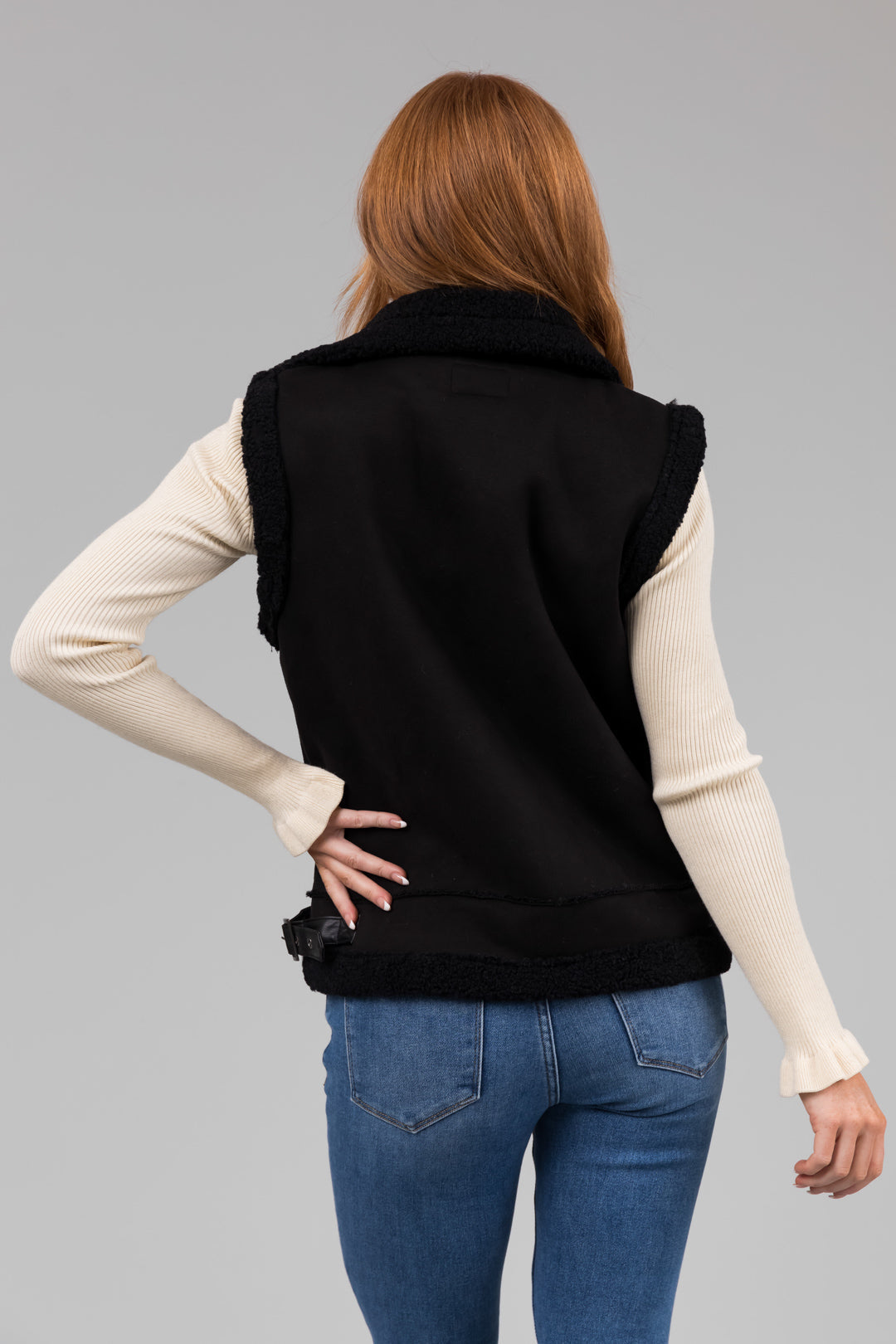 Black Suede and Faux Fur Slant Zipper Vest for Women