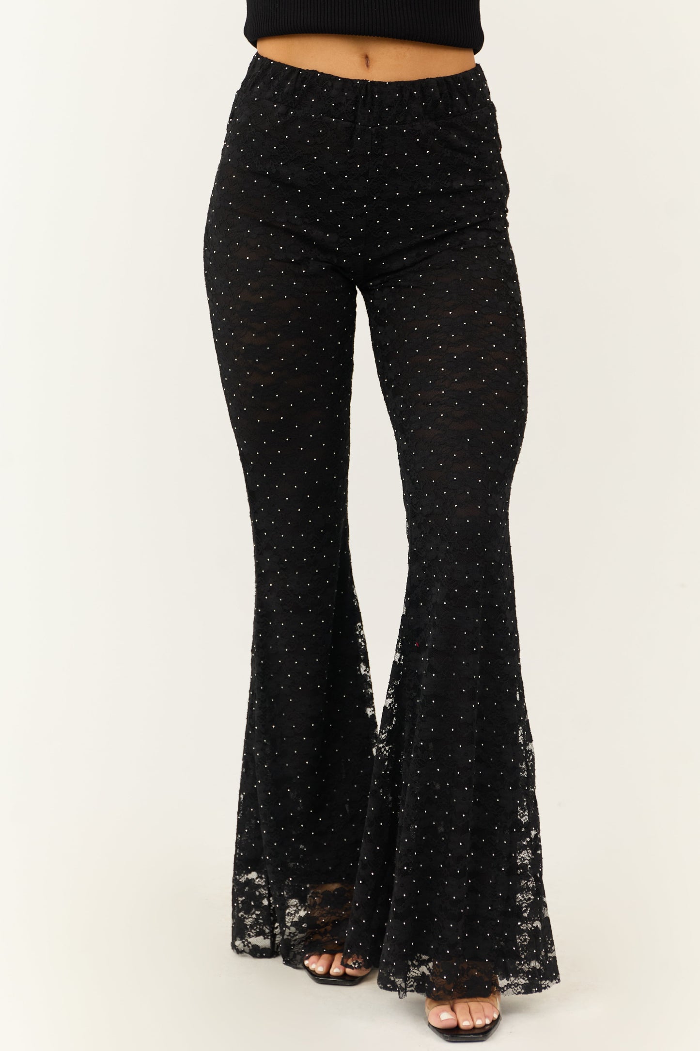 Black Studded Floral Lace High Waist Pants for Women