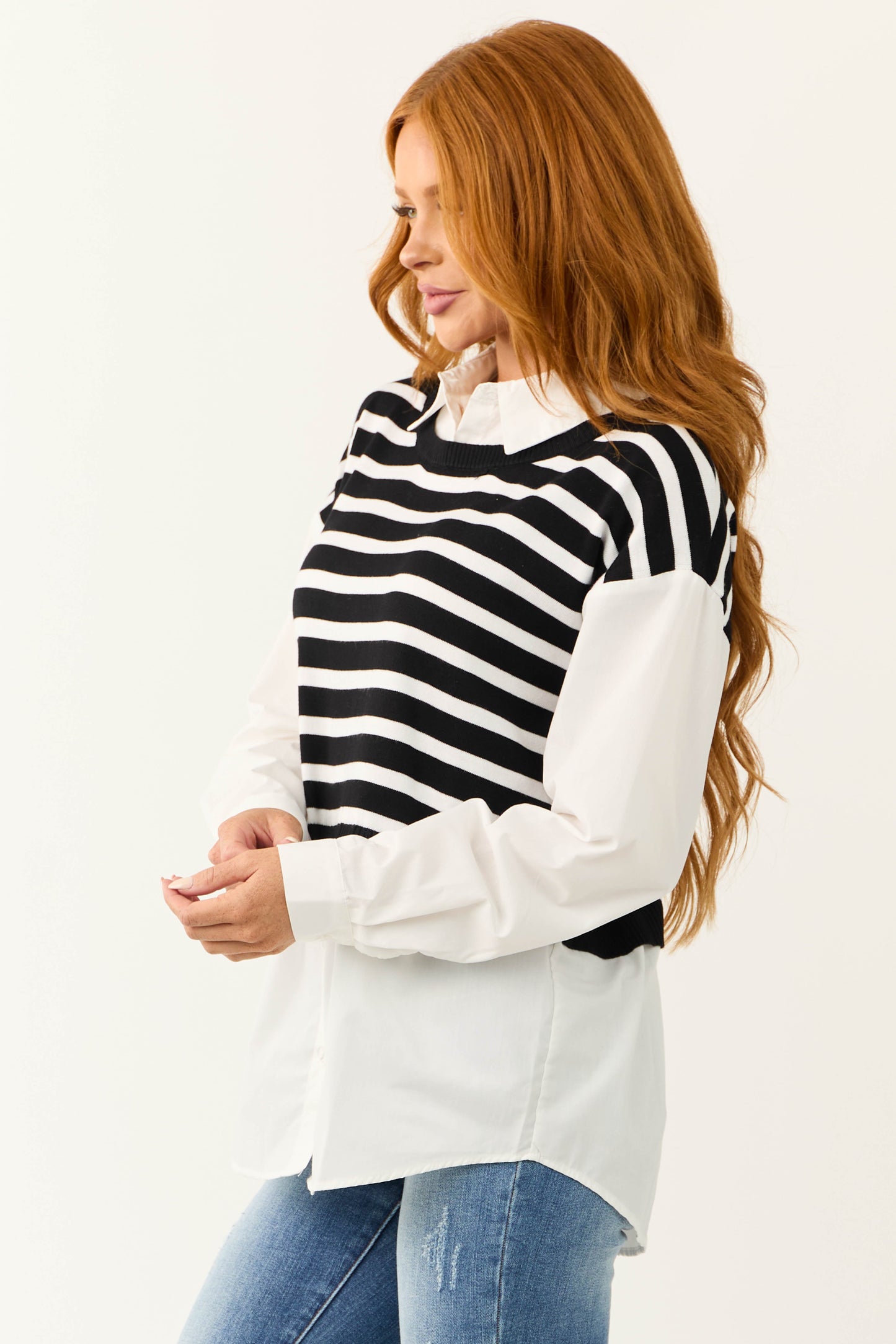 Black Striped Vest Layered Long Sleeve Blouse for Women