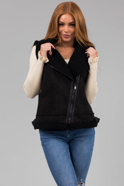 Black Suede and Faux Fur Slant Zipper Vest for Women