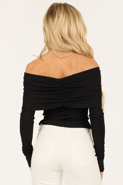 Black Studded Metallic Off Shoulder Top for Women