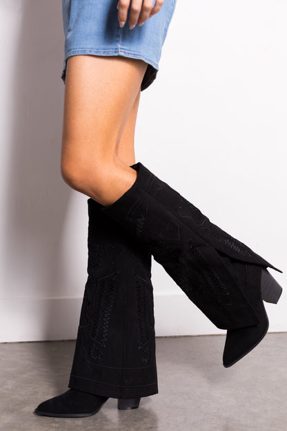 Black Suede Knee High Overlay Western Boots for Wome