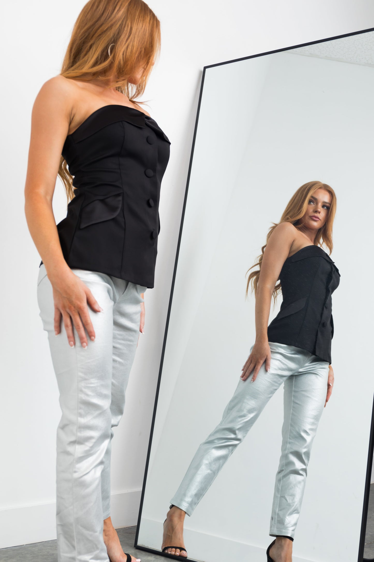 Black Strapless Tuxedo Woven Top for Women