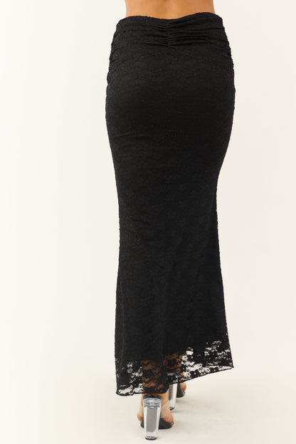 Black Studded Floral Lace Ruched Maxi Skirt for Women