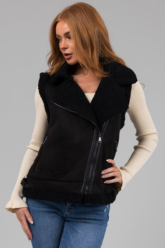 Black Suede and Faux Fur Slant Zipper Vest for Women