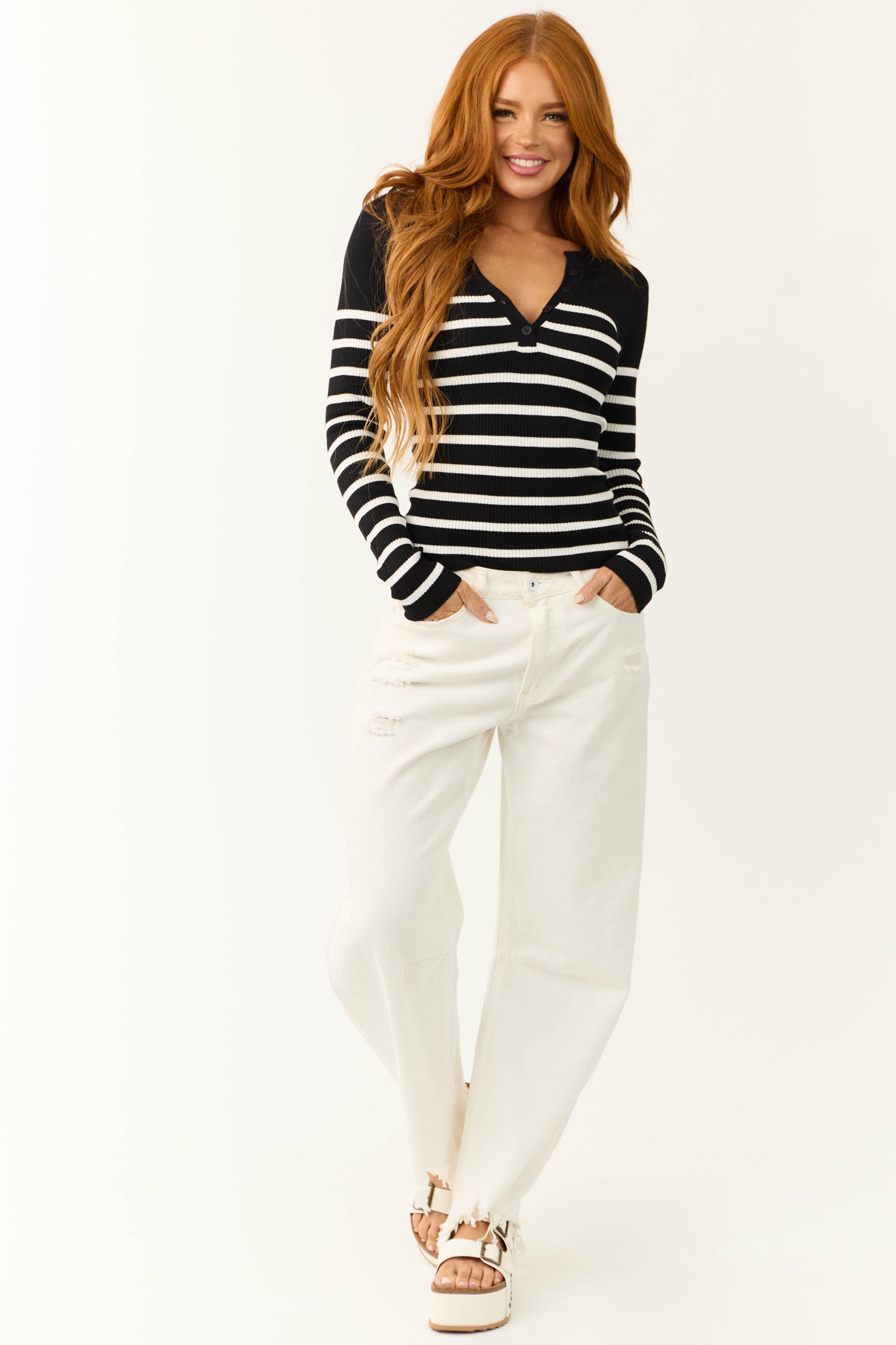 Black Striped Long Sleeve Ribbed Knit Top for Women