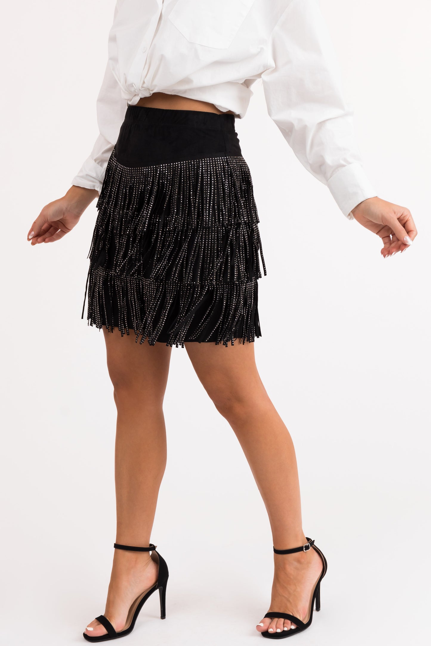 Black Studded Tiered Fringe Suede Mini Skirt for Women