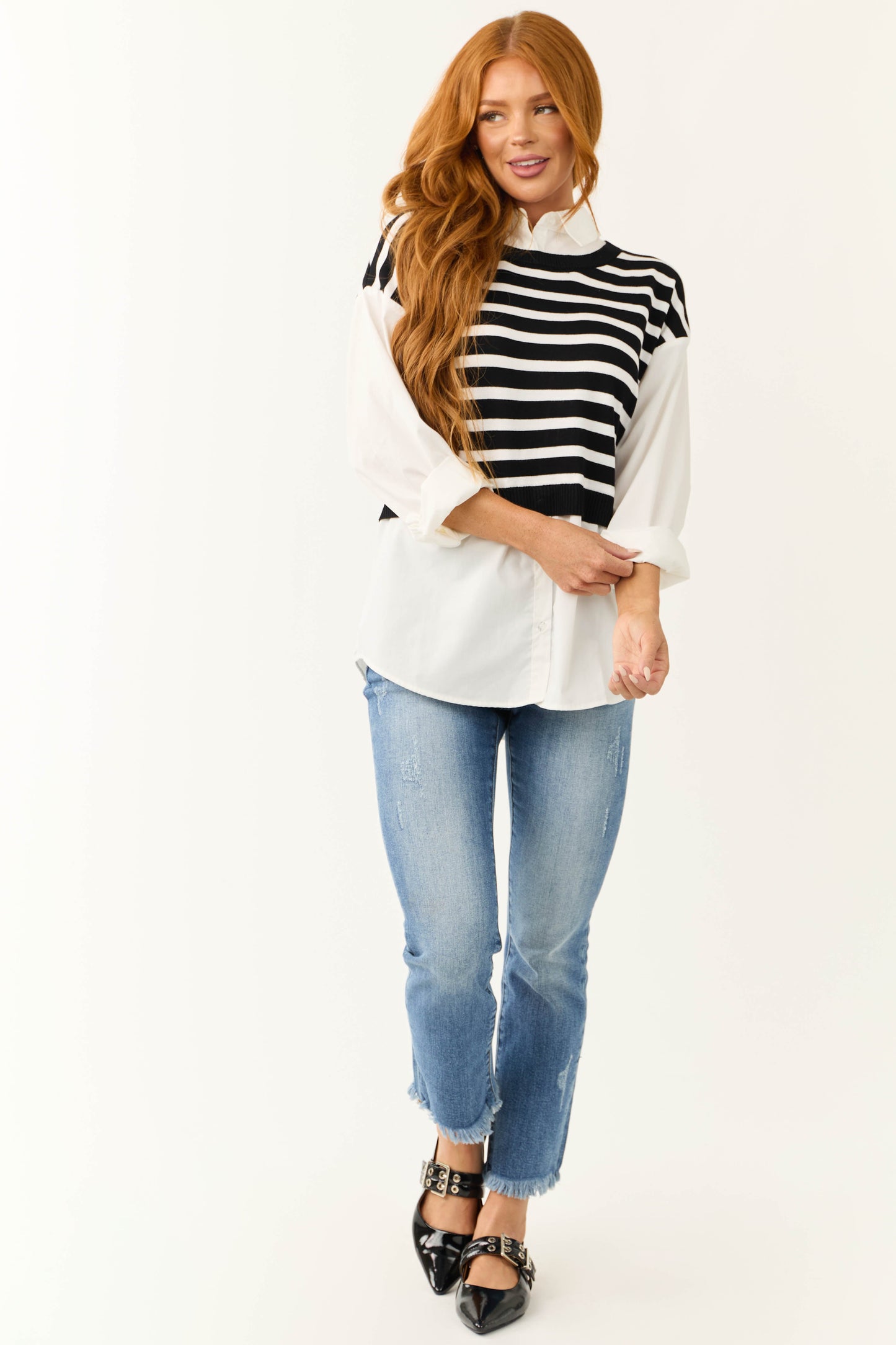 Black Striped Vest Layered Long Sleeve Blouse for Women