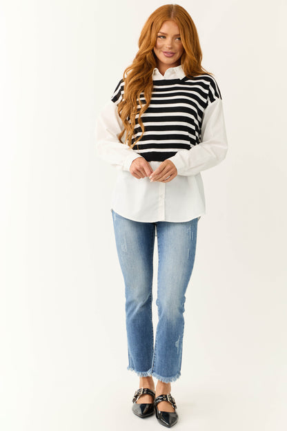 Black Striped Vest Layered Long Sleeve Blouse for Women