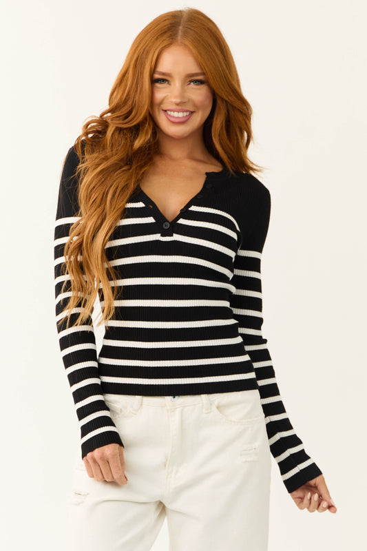 Black Striped Long Sleeve Ribbed Knit Top for Women