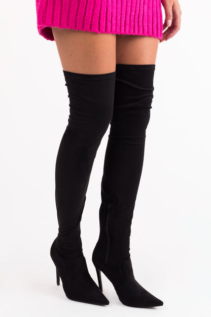 Black Suede Pointy Toe Thigh High Heel Boots for Women