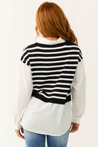 Black Striped Vest Layered Long Sleeve Blouse for Women