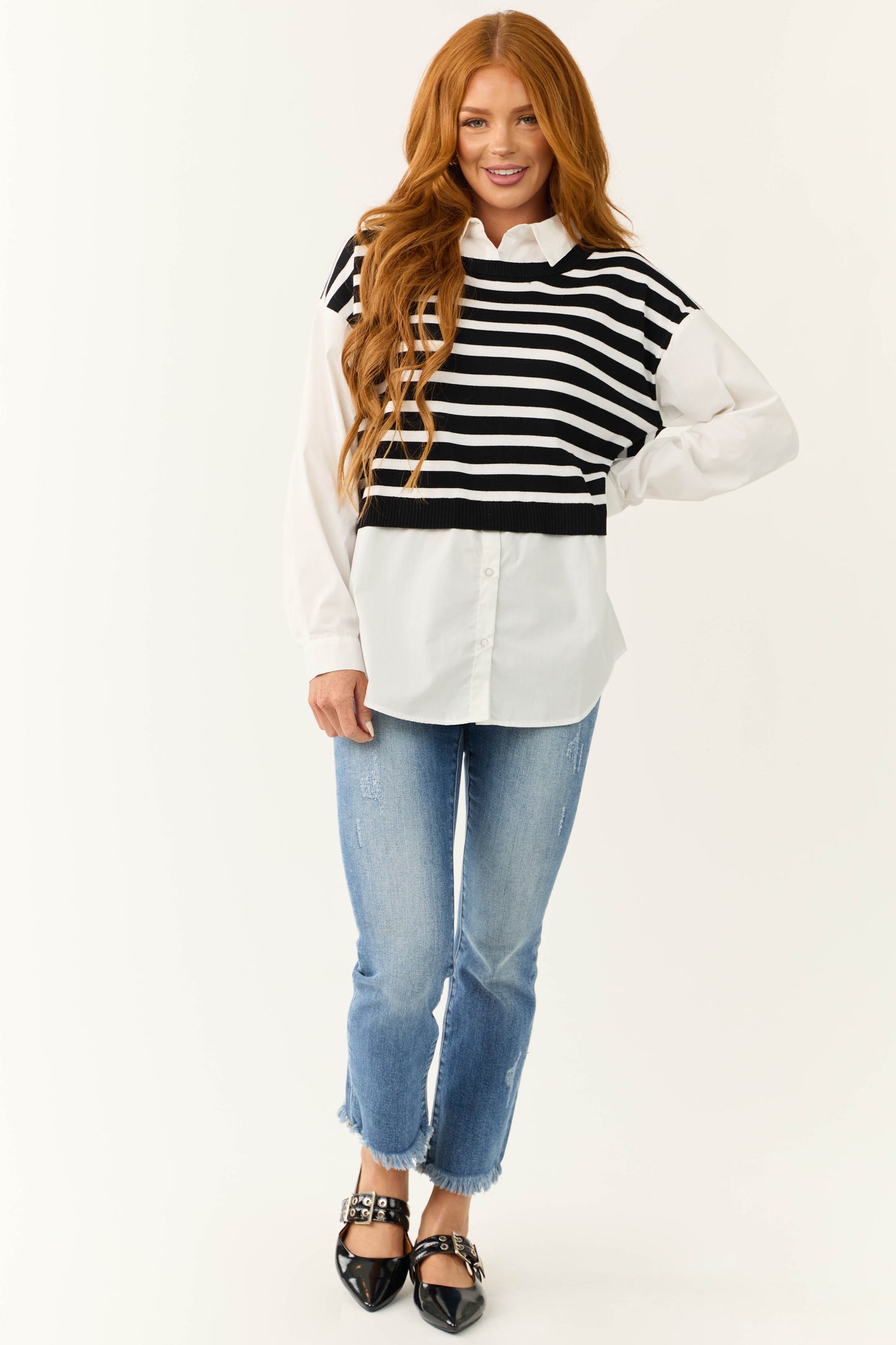 Black Striped Vest Layered Long Sleeve Blouse for Women