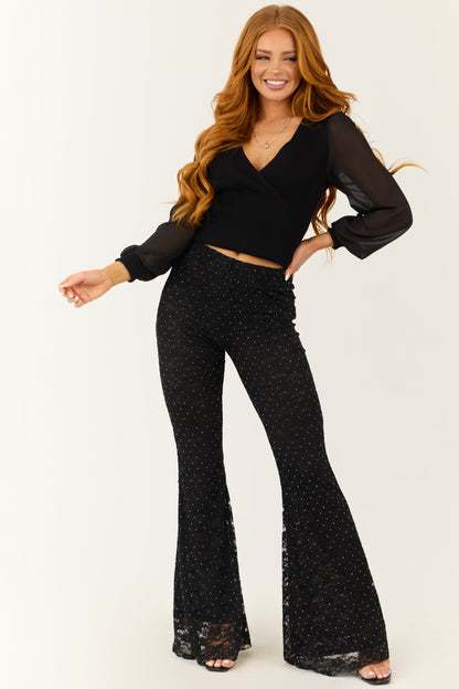 Black Studded Floral Lace High Waist Pants for Women