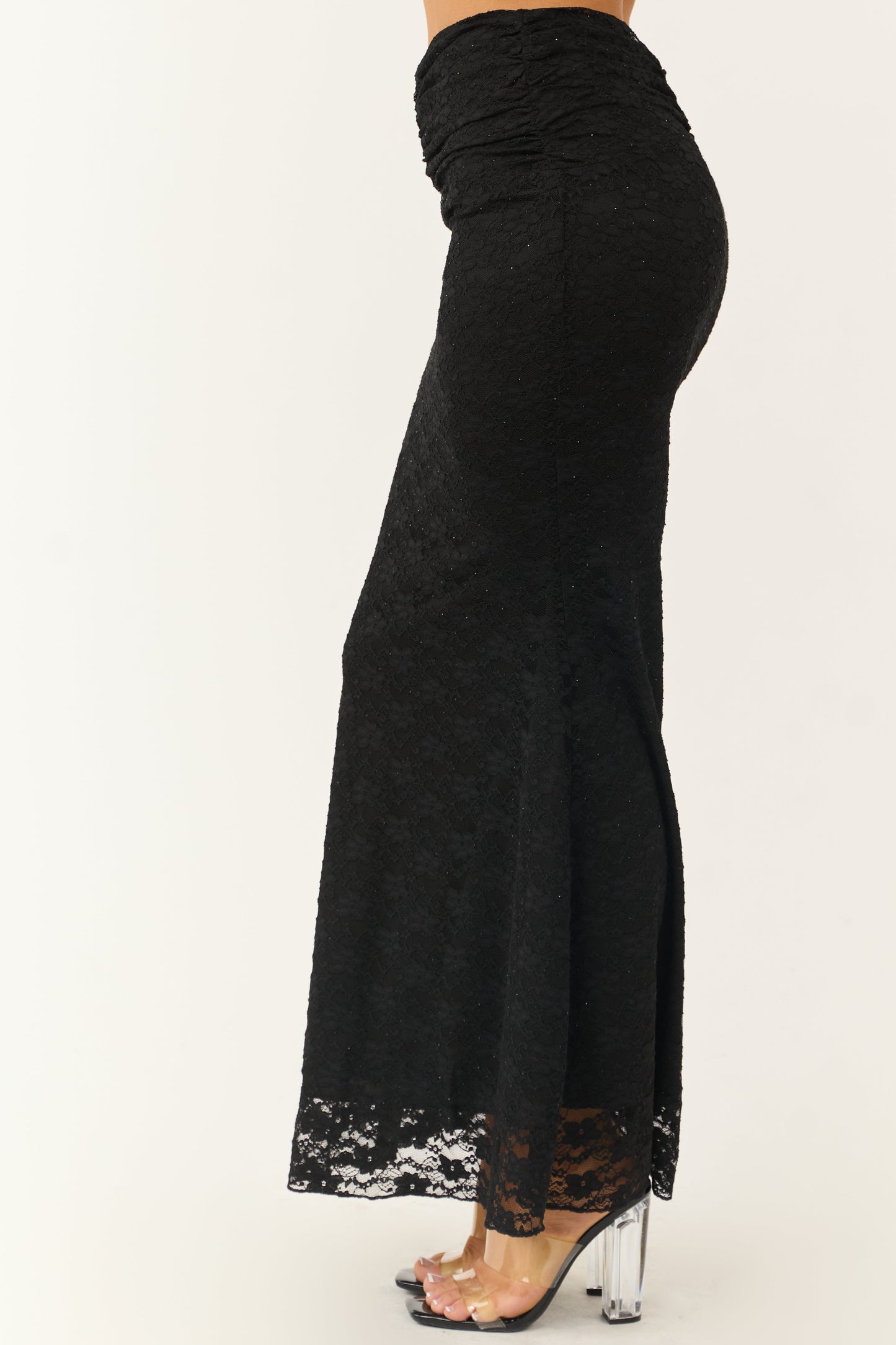 Black Studded Floral Lace Ruched Maxi Skirt for Women