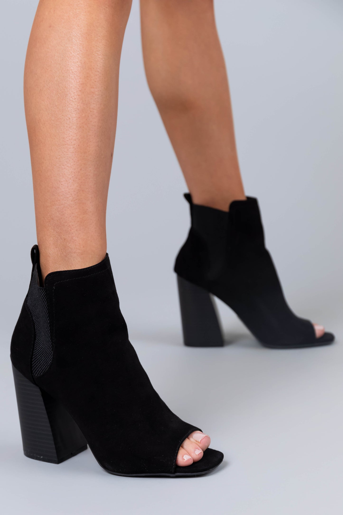 Black Suede Peep Toe Chunky Heel Booties for Women