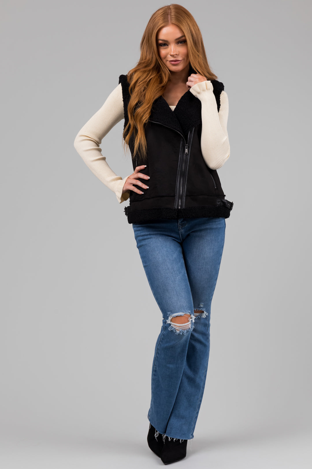 Black Suede and Faux Fur Slant Zipper Vest for Women