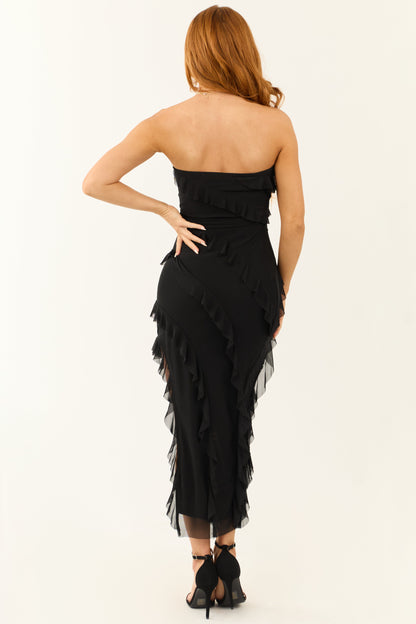 Black Strapless Ruffle Asymmetrical Midi Dress for Women