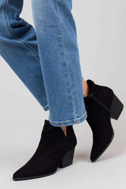 Black Suede Pointed Toe Side Slit Booties for Women