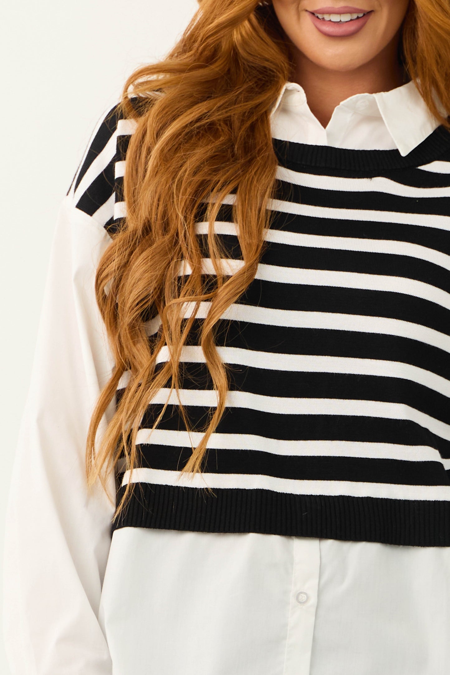 Black Striped Vest Layered Long Sleeve Blouse for Women