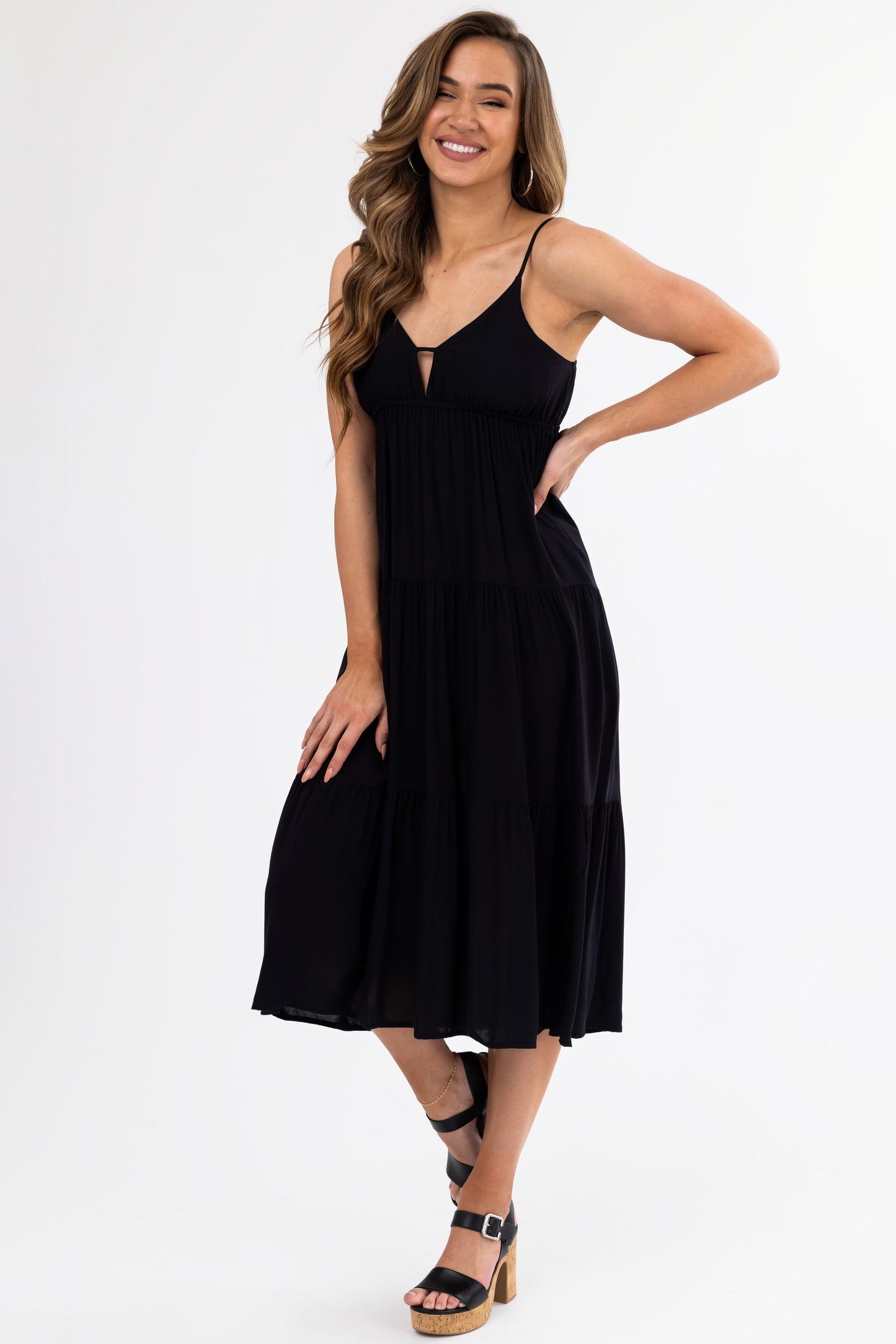 Black Sweetheart Neck Tiered Midi Dress for Women