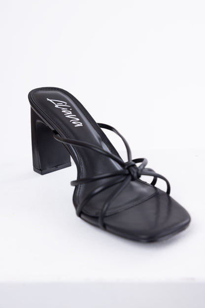 Black Strappy Knot Slip-On Dress Heels for Women