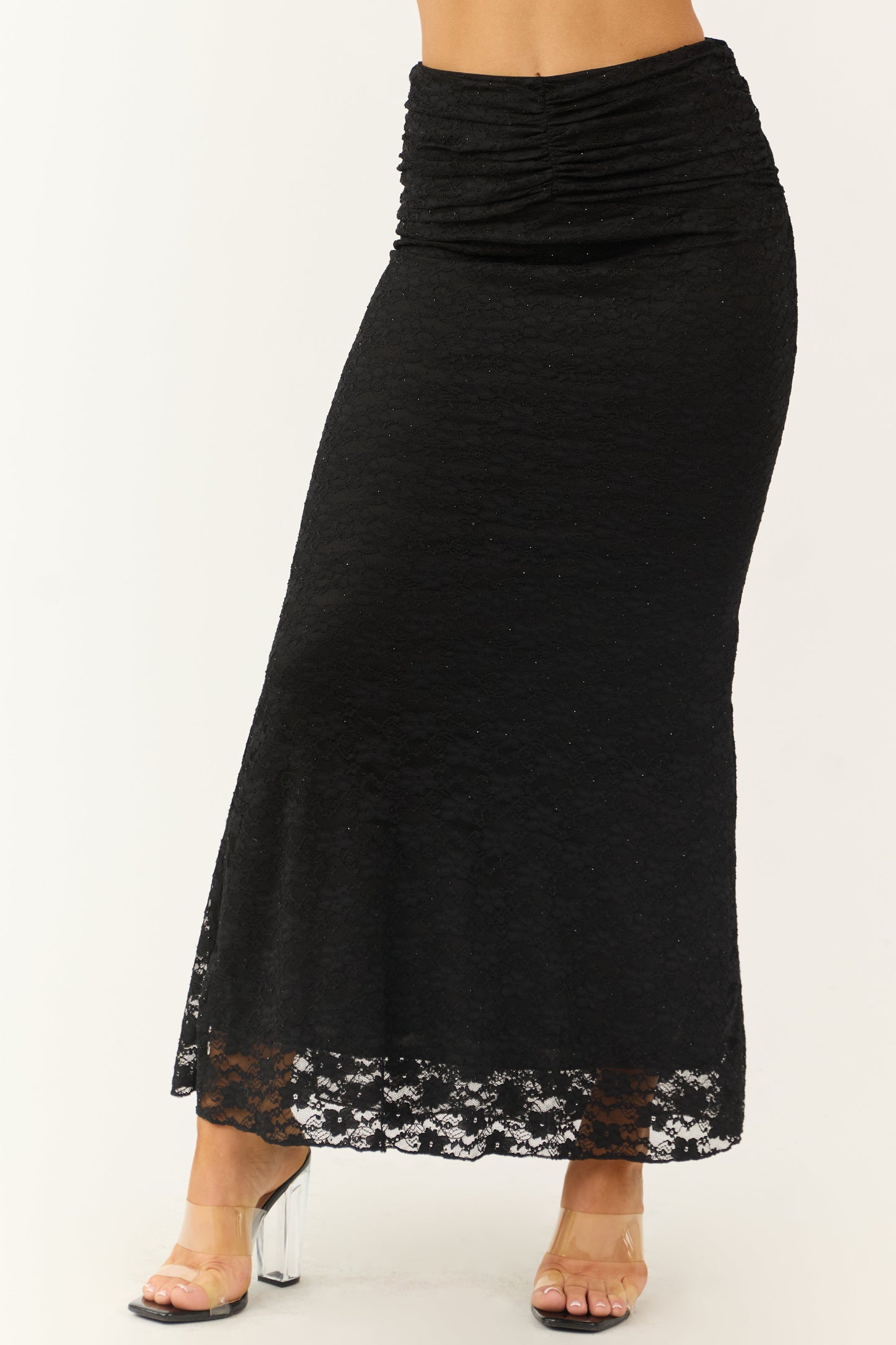 Black Studded Floral Lace Ruched Maxi Skirt for Women