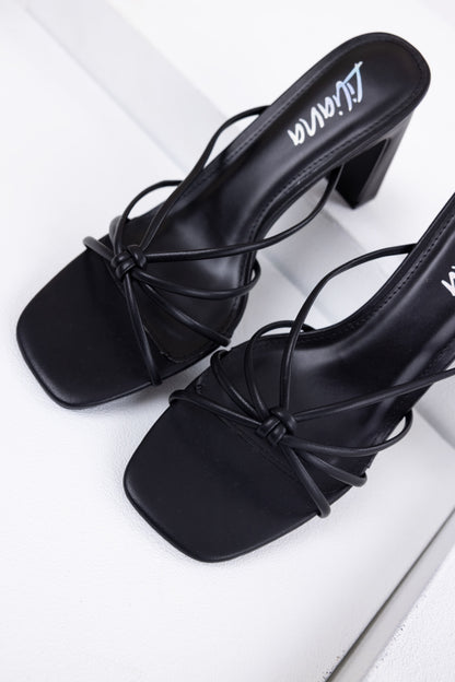 Black Strappy Knot Slip-On Dress Heels for Women