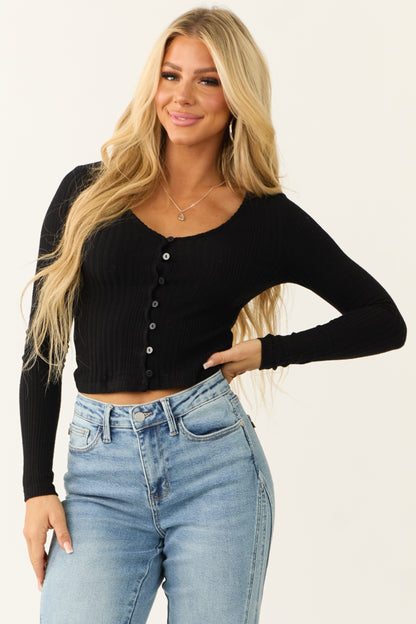 Black Stretchy Knit Fitted Button Down Top for Women