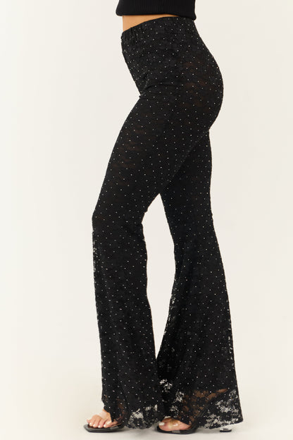 Black Studded Floral Lace High Waist Pants for Women