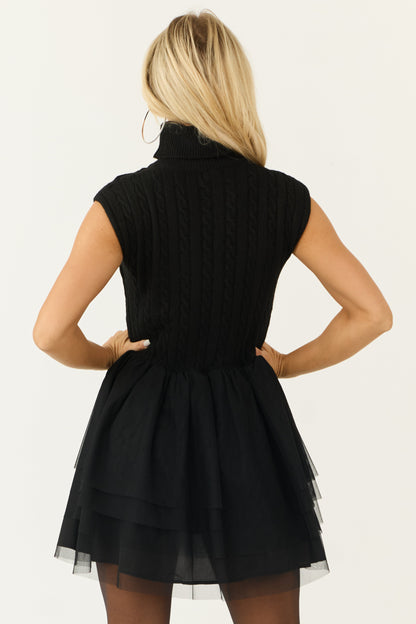 Black Sweater Bodice Ruffle Tulle Mini Dress for Women