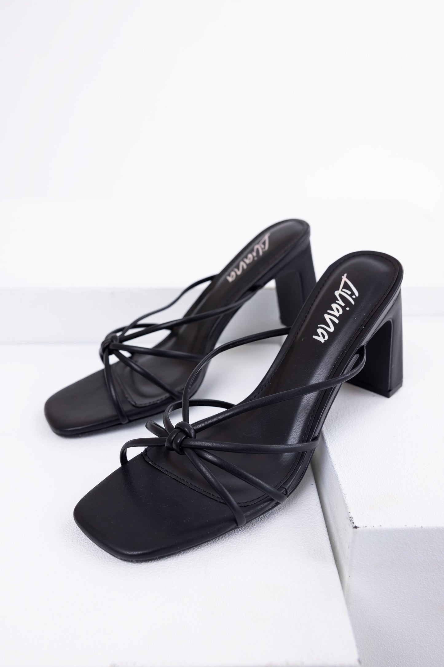 Black Strappy Knot Slip-On Dress Heels for Women