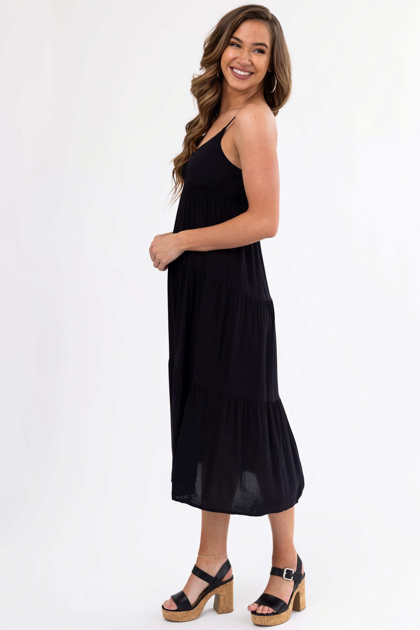 Black Sweetheart Neck Tiered Midi Dress for Women