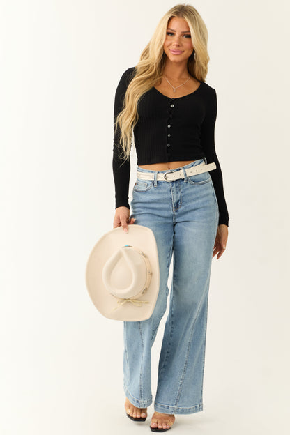 Black Stretchy Knit Fitted Button Down Top for Women
