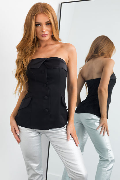 Black Strapless Tuxedo Woven Top for Women
