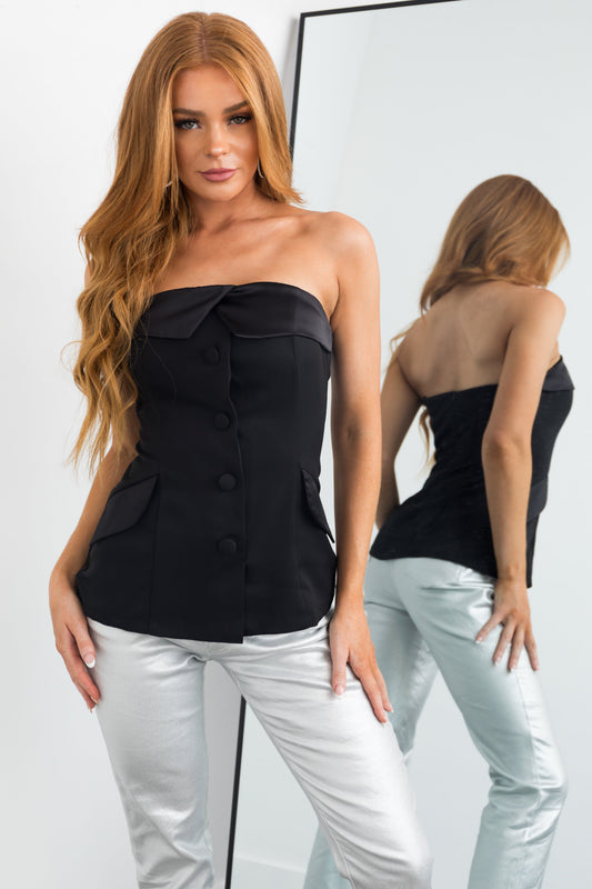 Black Strapless Tuxedo Woven Top for Women