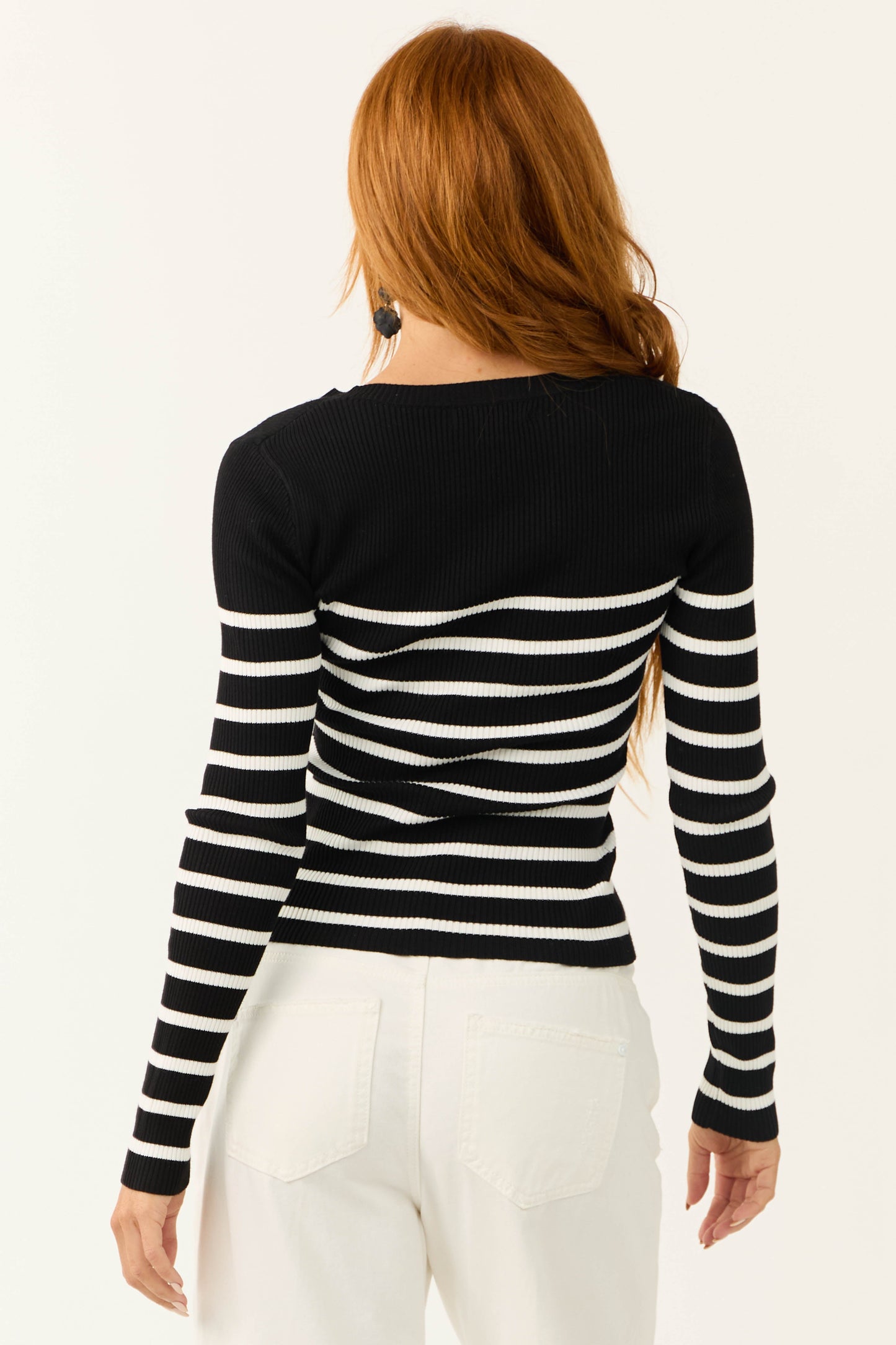 Black Striped Long Sleeve Ribbed Knit Top for Women