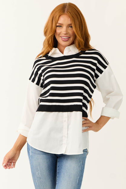 Black Striped Vest Layered Long Sleeve Blouse for Women