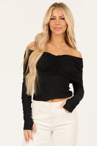 Black Studded Metallic Off Shoulder Top for Women