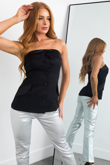 Black Strapless Tuxedo Woven Top for Women