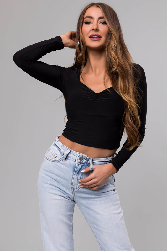 Black Sweetheart Neck Long Sleeve Crop Top for Women