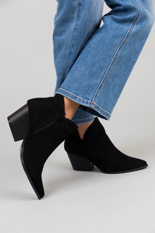 Black Suede Pointed Toe Side Slit Booties for Women