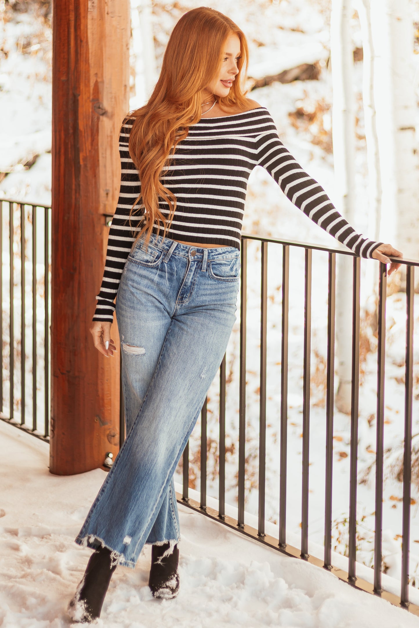 Black Striped Print Fitted Off Shoulder Knit Top for Women