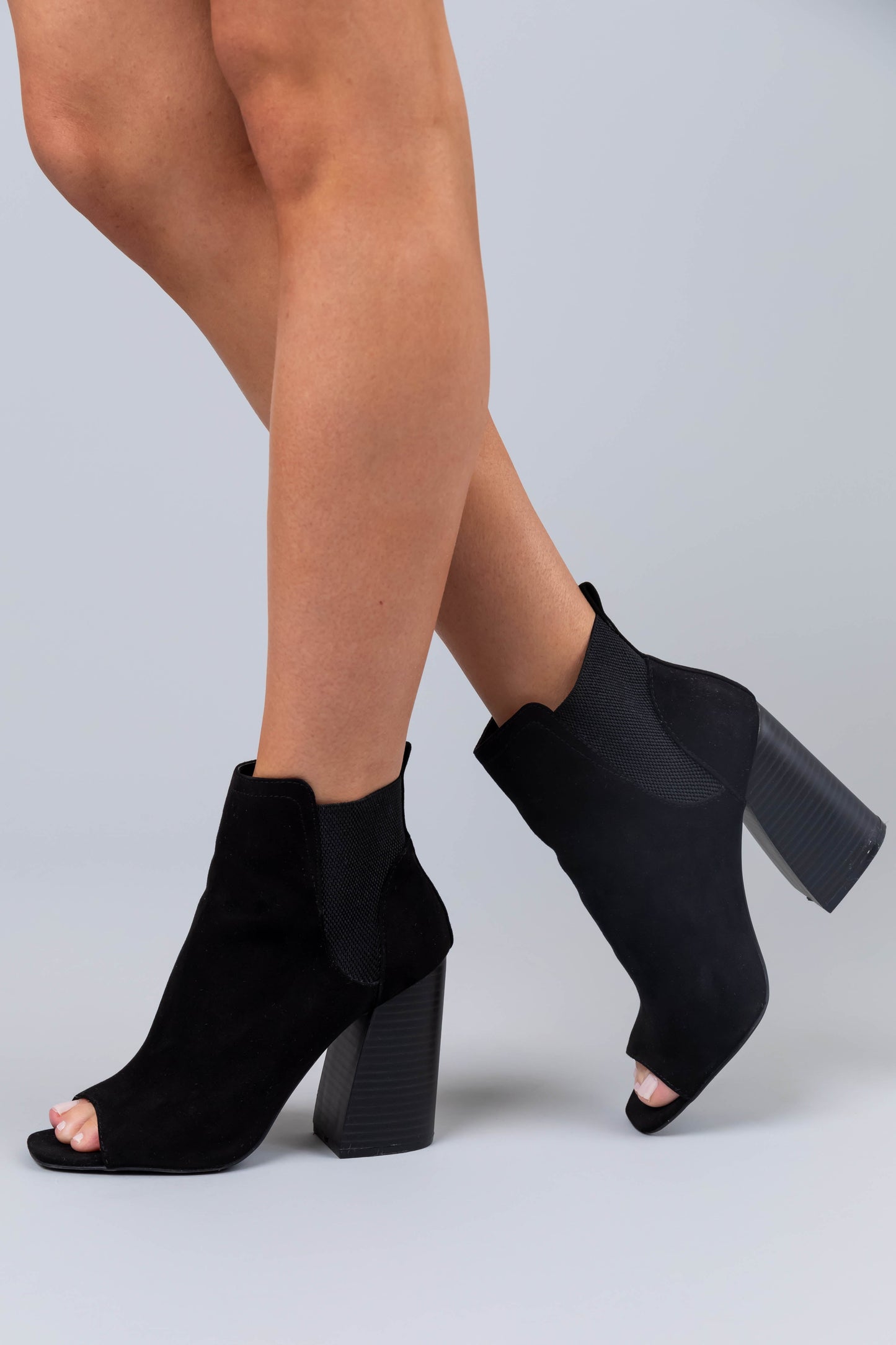 Black Suede Peep Toe Chunky Heel Booties for Women