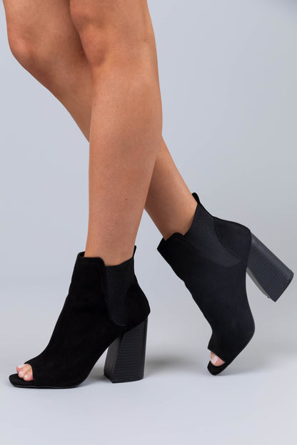 Black Suede Peep Toe Chunky Heel Booties for Women